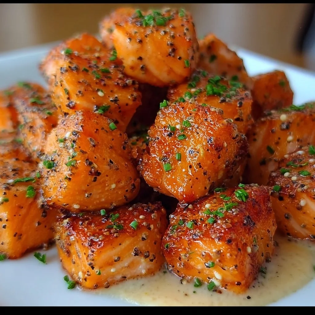 Delicious Bang Bang Salmon Bites served with a spicy dipping sauce