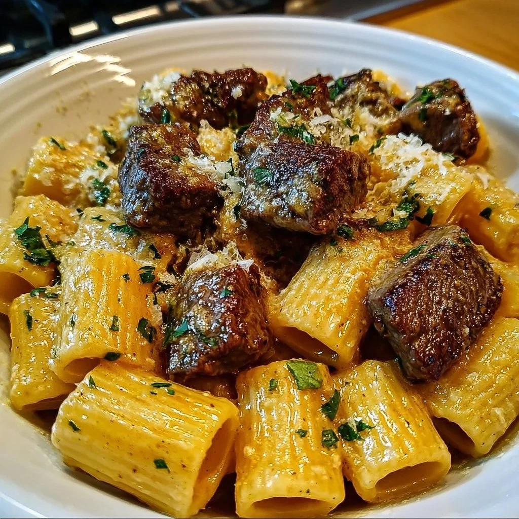 Cajun steak tips served with creamy Parmesan rigatoni in a delicious meal