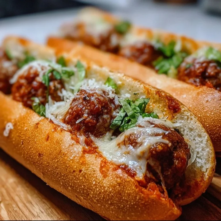 Cheesy meatball subs with marinara sauce and melted cheese on a toasted sub roll