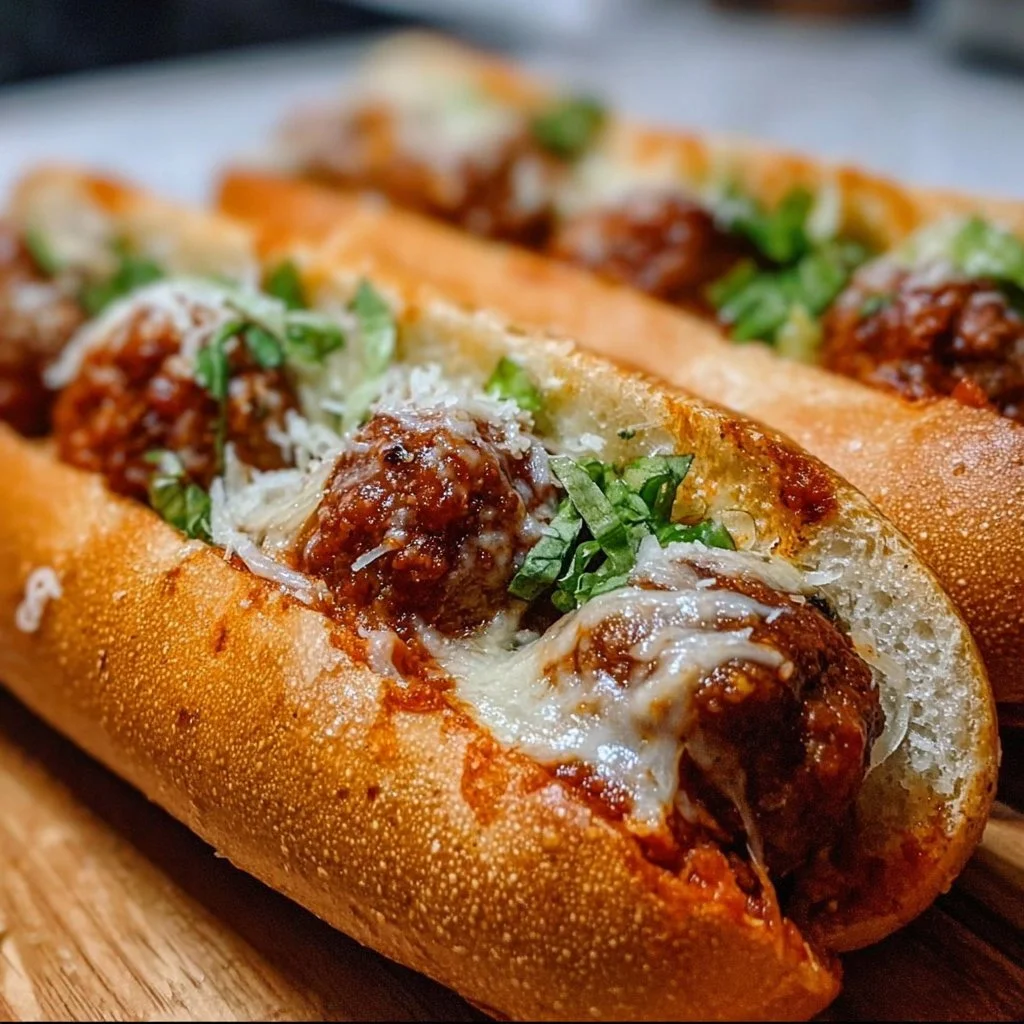 Cheesy meatball subs with marinara sauce and melted cheese on a toasted sub roll