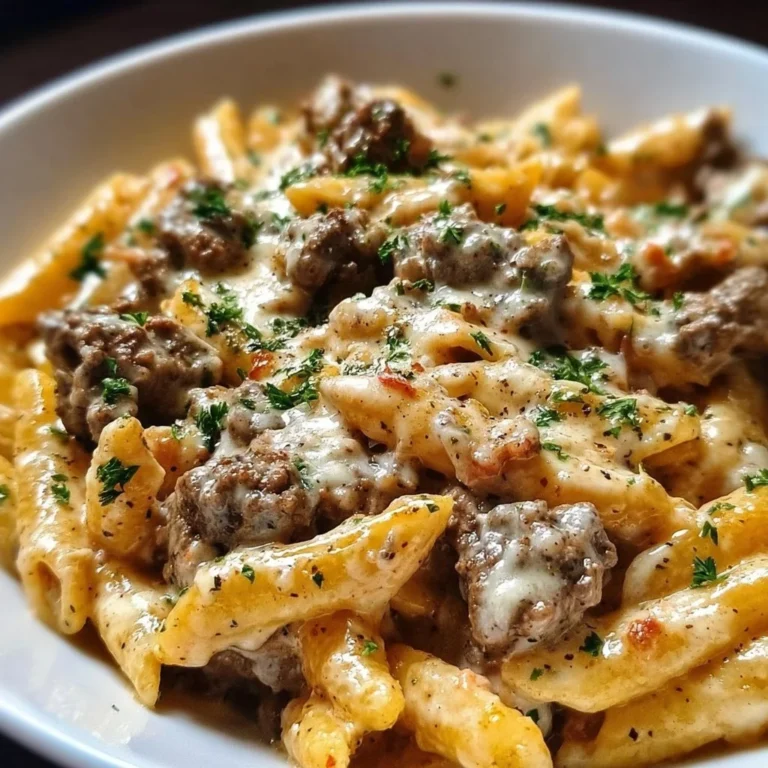 Creamy beef pasta dish served in a bowl with herbs and garnish
