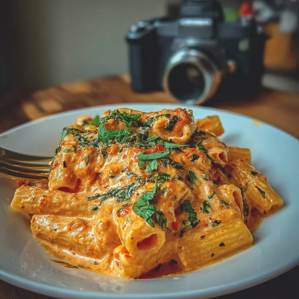 Creamy tomato garlic pasta in a bowl garnished with fresh herbs