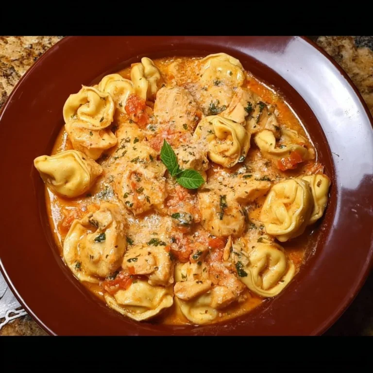 CrockPot chicken tortellini in a creamy sauce garnished with herbs
