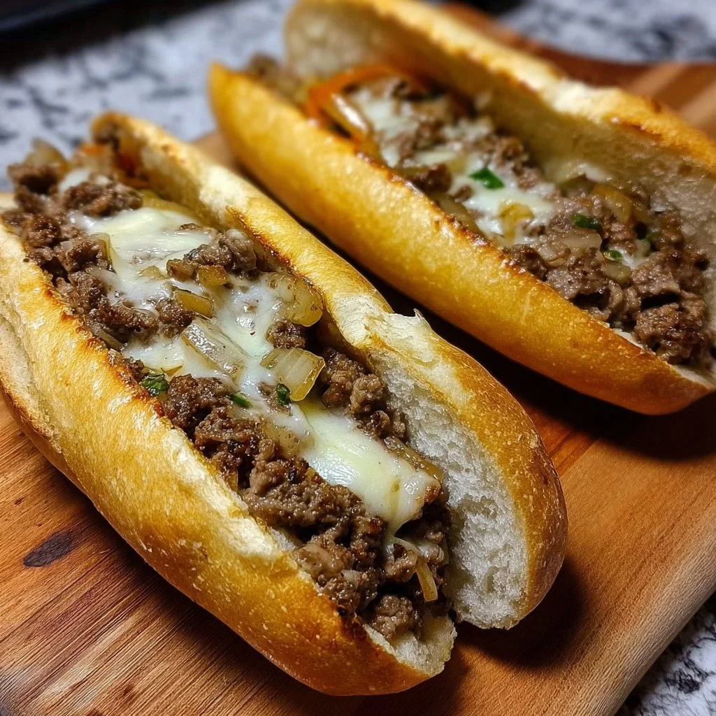 Ground Beef Philly Cheesesteak sandwich with melted cheese and sautéed onions