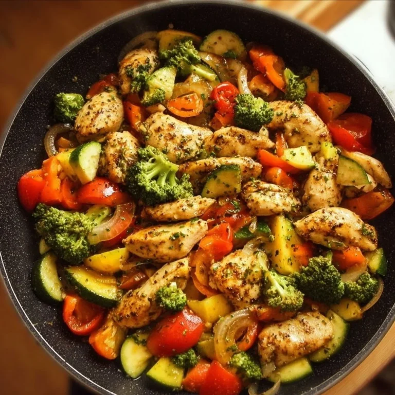 Healthy chicken and vegetables skillet meal served in a frying pan