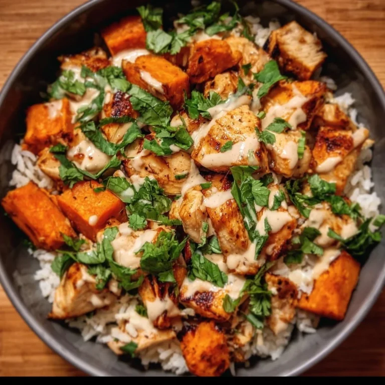 Healthy chicken rice bowl with sweet potatoes and vegetables