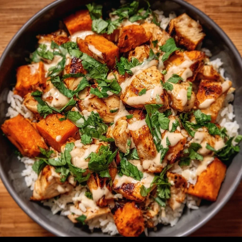 Healthy chicken rice bowl with sweet potatoes and vegetables