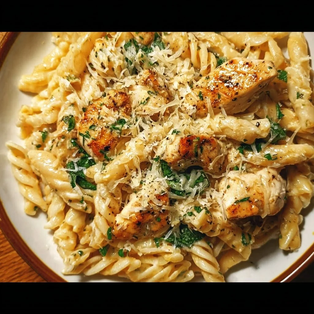 Healthy garlic parmesan chicken pasta recipe with fresh ingredients
