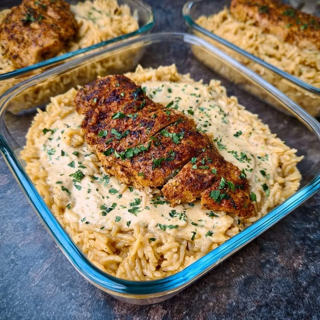 High Protein Creamy Cajun Chicken & Rice dish with colorful ingredients