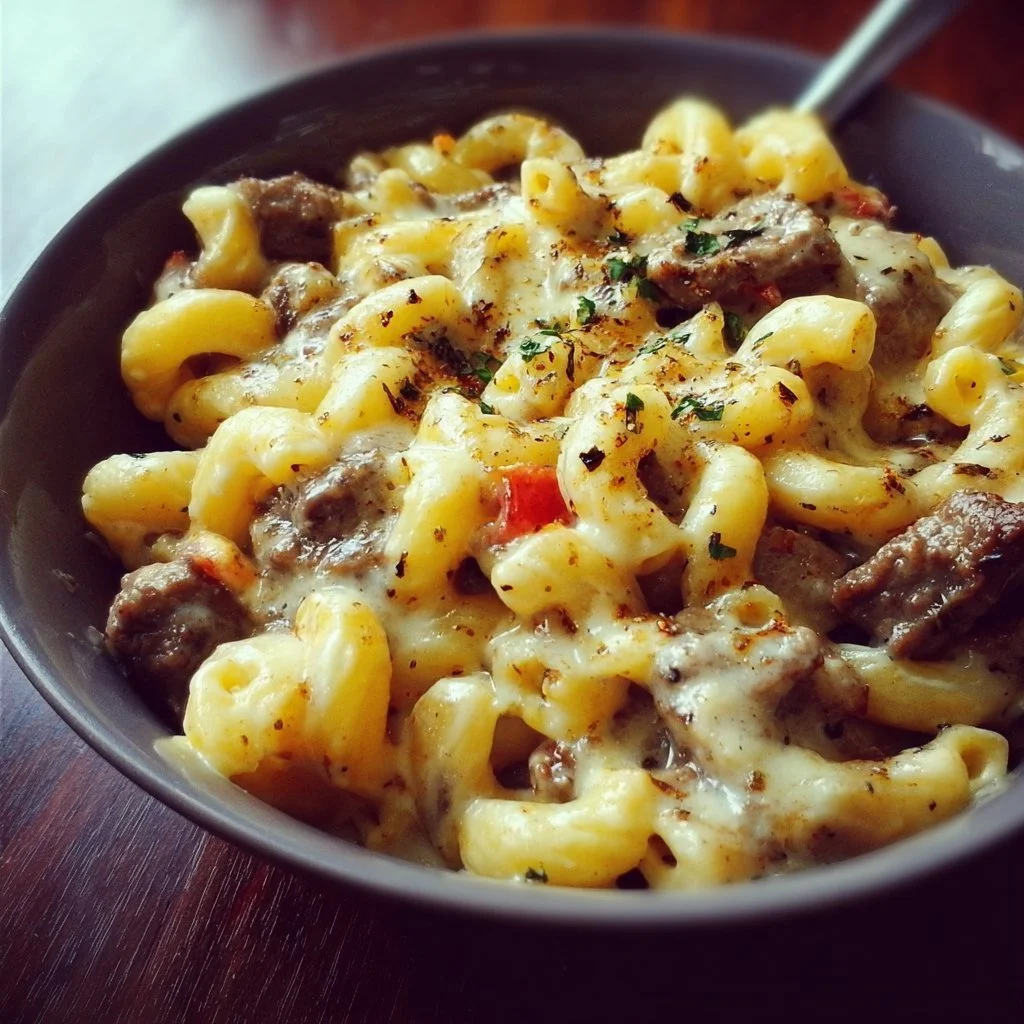 High-protein creamy Philly cheesesteak mac and cheese dish served in a bowl