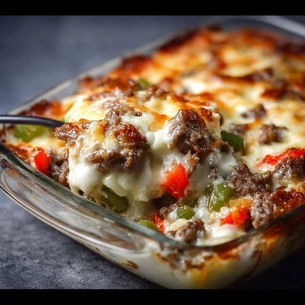 Low Carb Philly Cheesesteak Casserole served in a dish