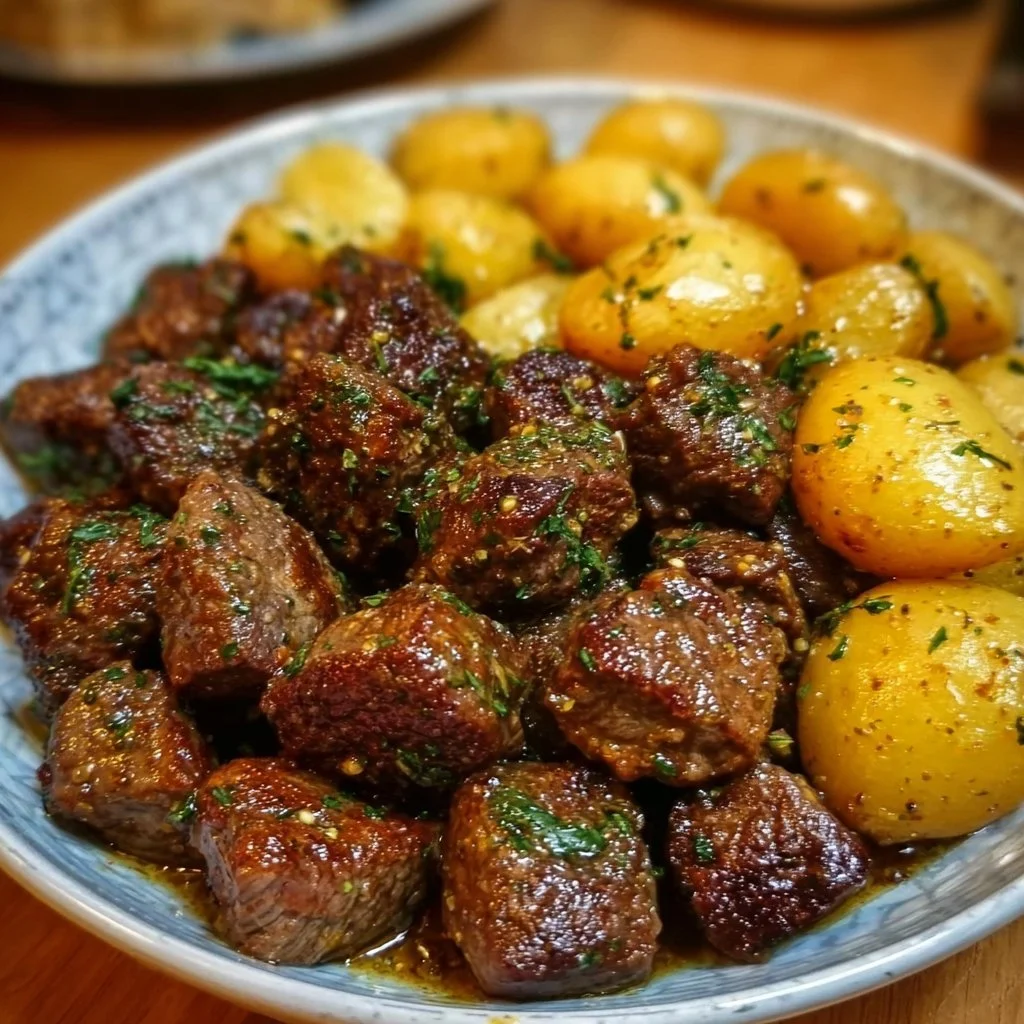 Plate of melt-in-your-mouth garlic butter beef bites garnished with herbs