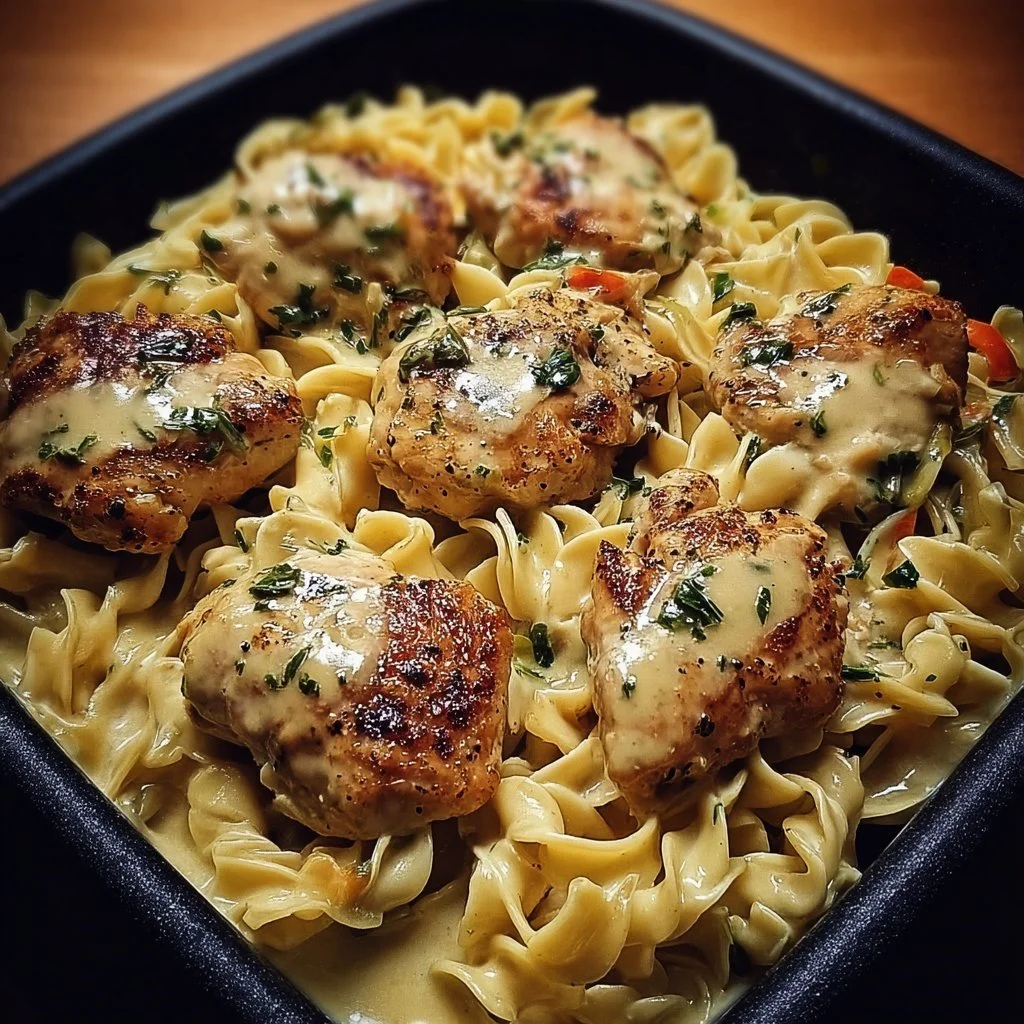 Delicious one-pan chicken served with buttered noodles for a quick meal