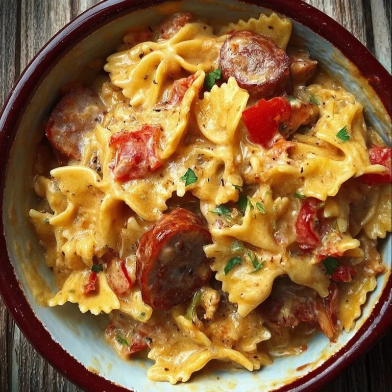 One Pot Creamy Cajun Sausage Pasta with colorful ingredients in a skillet