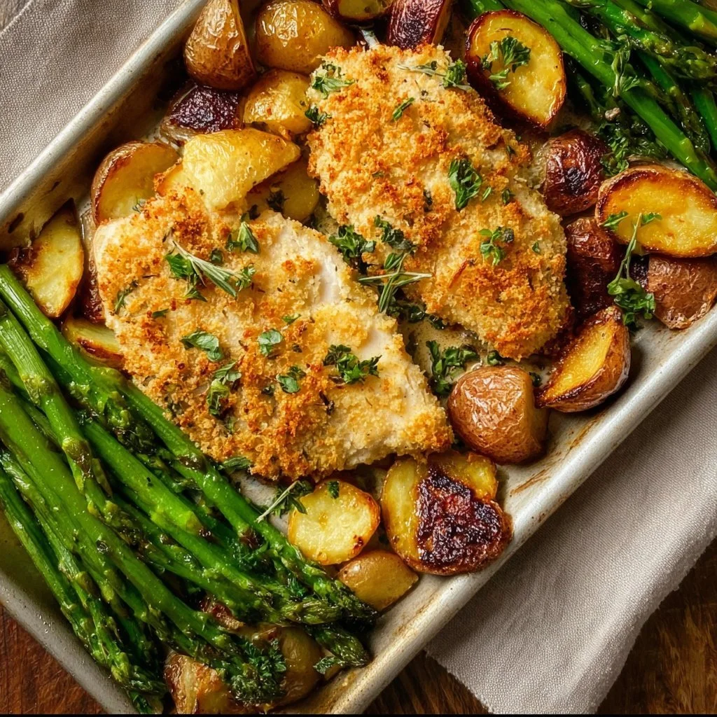 Delicious Parmesan Crusted Chicken served with colorful vegetables on a sheet pan.