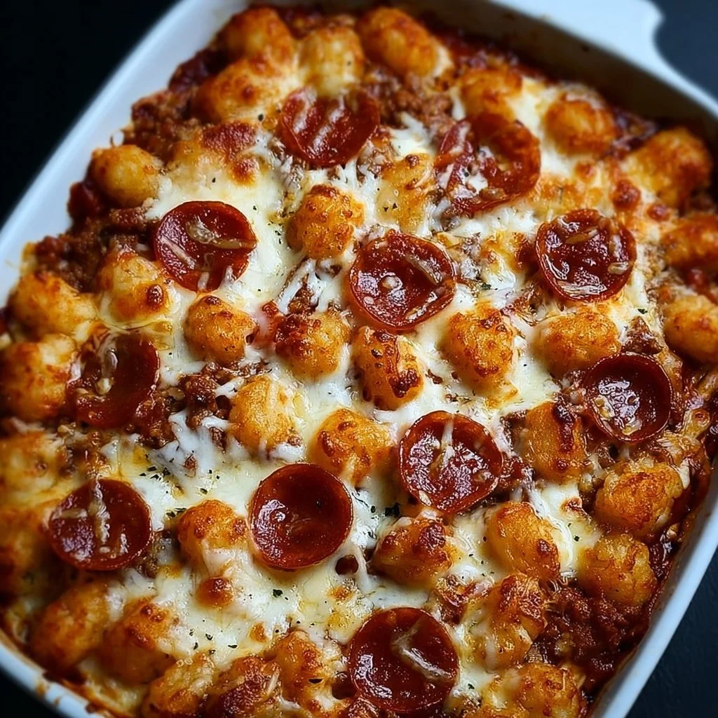 Delicious Pizza Tot Casserole with melted cheese and pepperoni