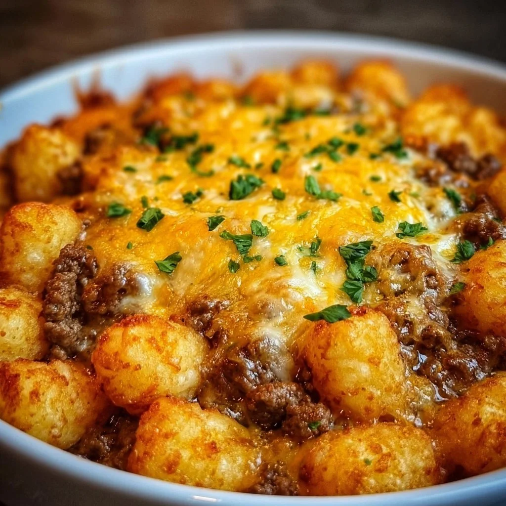 Delicious Tater Tot Casserole topped with golden tater tots and ground beef