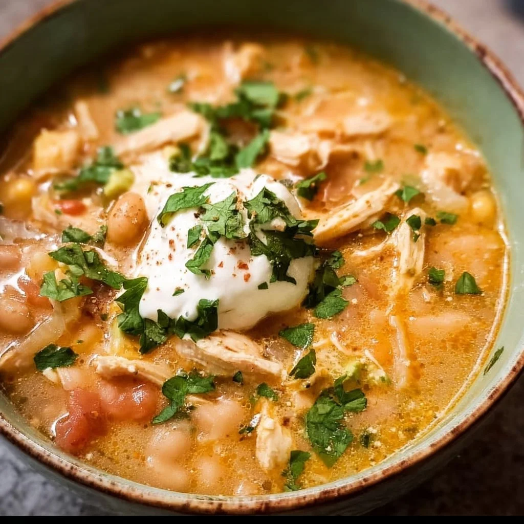 Bowl of white chicken chili garnished with cilantro and lime