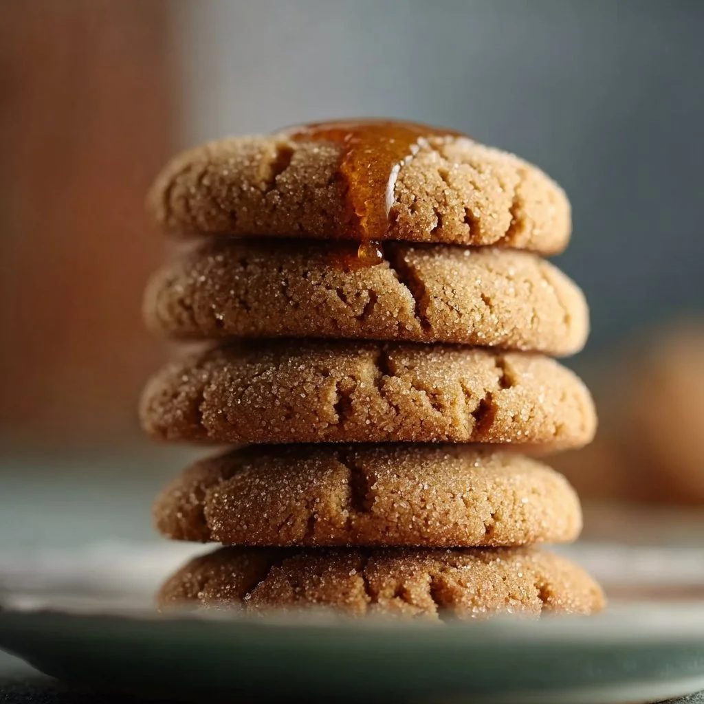 Plate of freshly baked 5-ingredient maple cookies with a drizzle of syrup
