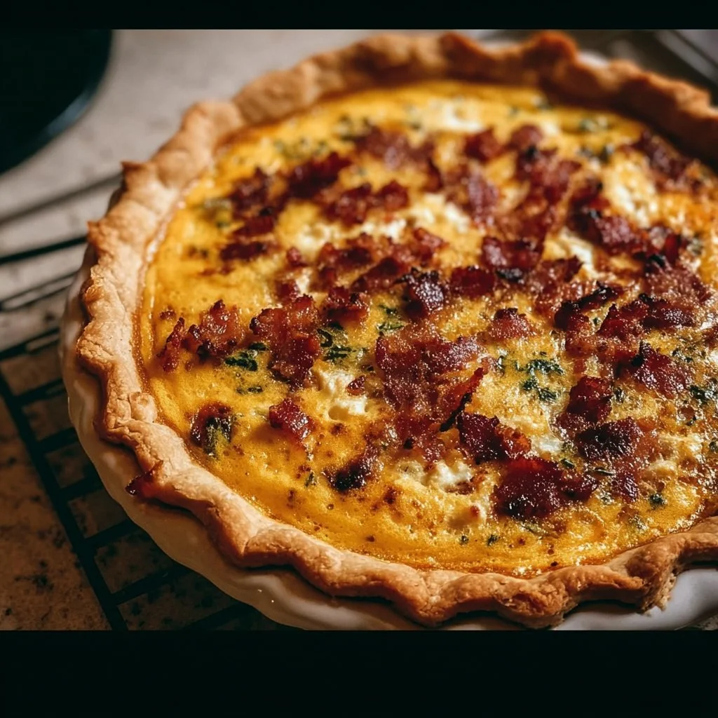 Delicious Bacon and Cheddar Quiche served on a plate