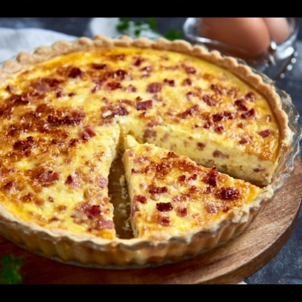 Delicious slice of Bacon and Cheese Quiche on a plate with fresh herbs.