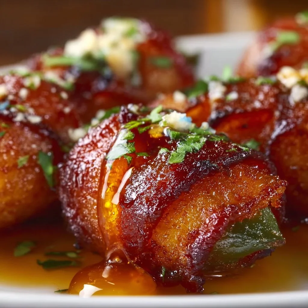 Delicious bacon-wrapped jalapeño poppers with honey drizzle