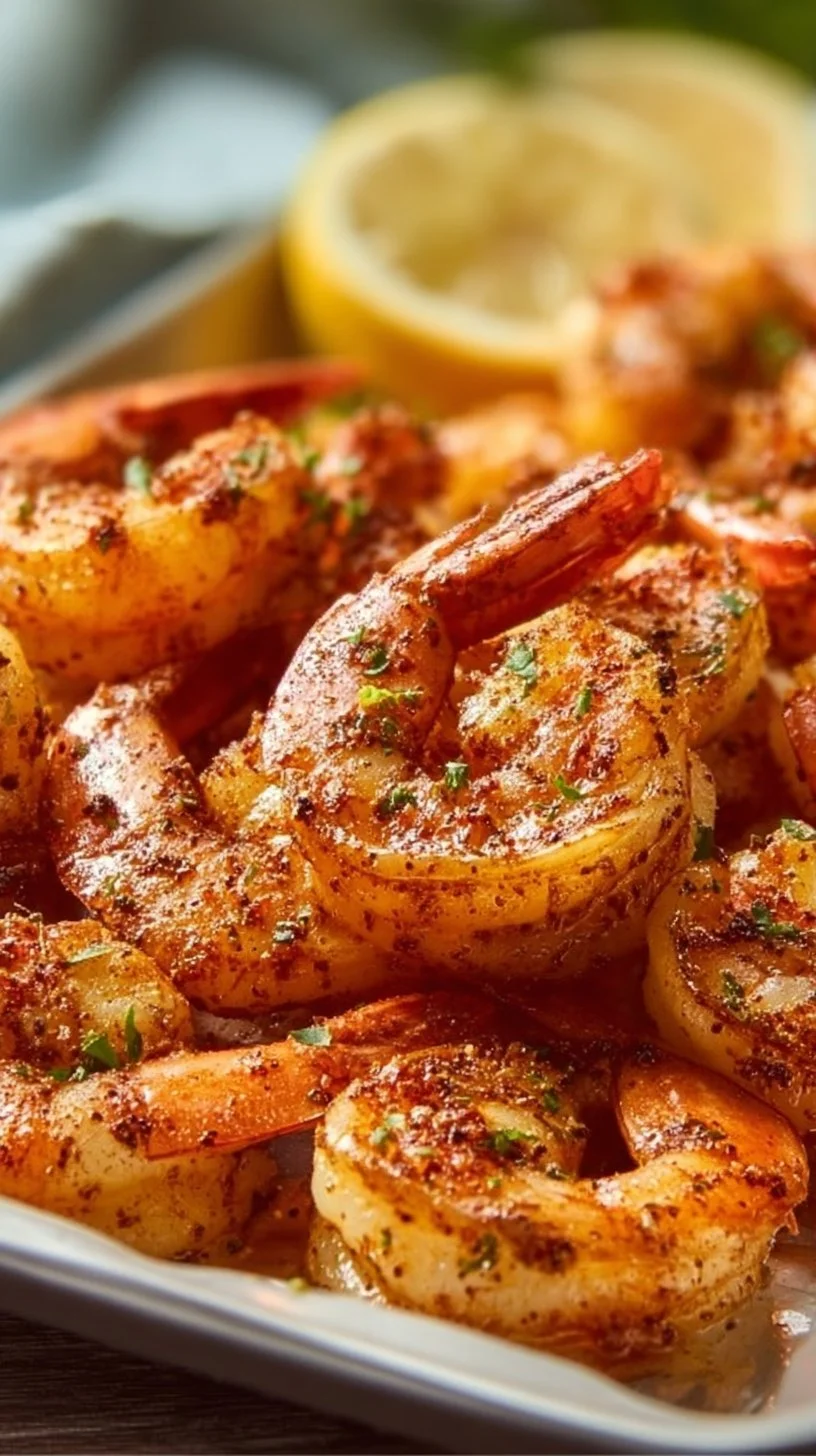 Delicious baked Cajun shrimp dish garnished with herbs