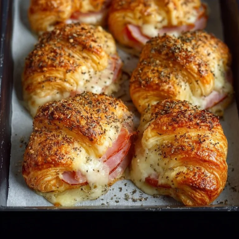 Freshly baked ham and cheese croissants on a wooden table