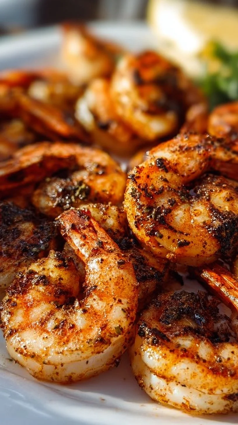 A plate of blackened shrimp seasoned with spices and herbs, garnished with lime.