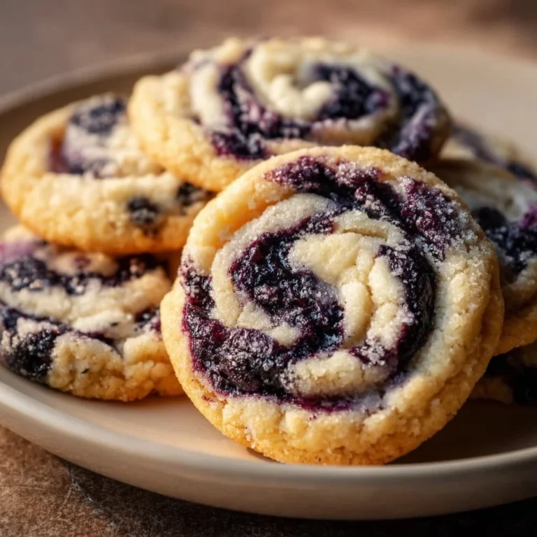 Blueberry cheesecake swirl cookies on a baking sheet, topped with fresh blueberries.