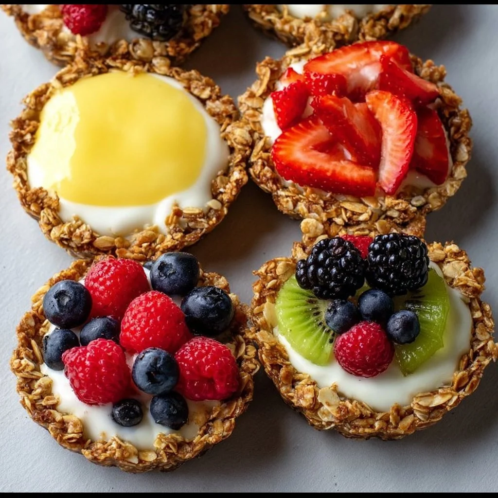 Breakfast fruit tarts with granola crust, topped with fresh fruits and yogurt