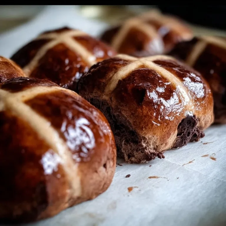 Freshly baked brioche chocolate hot cross buns, warm and delicious.
