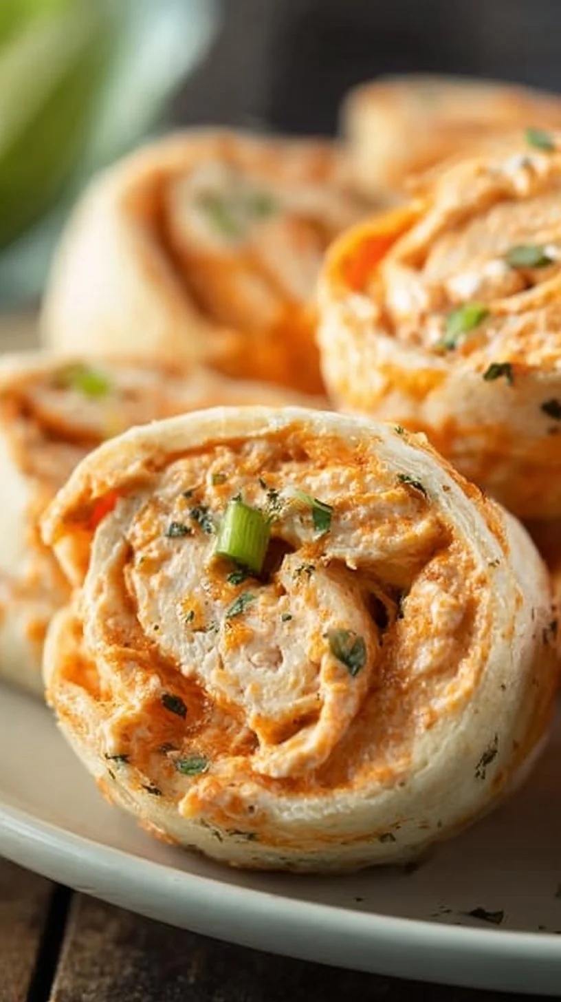 Buffalo Chicken Pinwheels with creamy sauce and fresh herbs