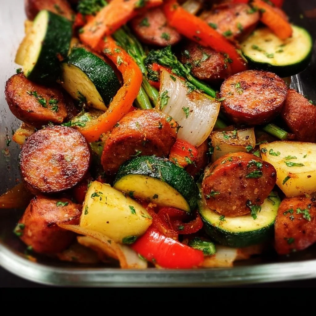 Cajun sausage dish featuring colorful vegetables and spices on a plate
