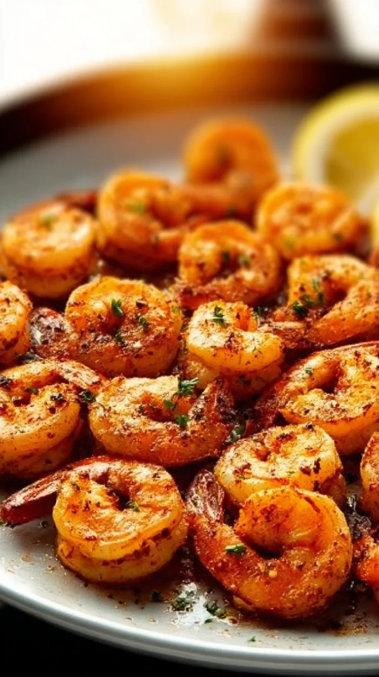 Delicious plate of Cajun shrimp garnished with herbs and spices