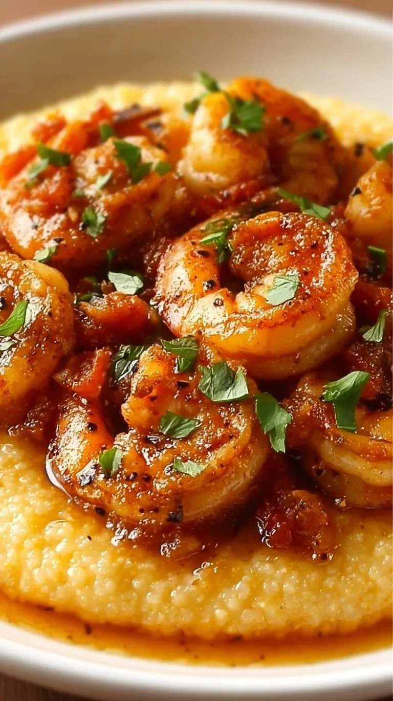 Delicious plate of Cajun Shrimp and Grits with spicy shrimp and creamy grits