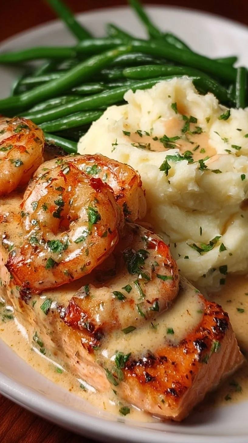 Cajun Shrimp and Salmon with Garlic Cream Sauce, Mashed Potatoes, and Green Beans