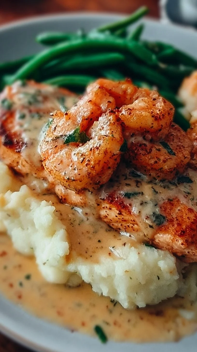 Cajun Shrimp and Salmon with Garlic Cream Sauce, Mashed Potatoes, and Green Beans: A Flavor-Packed Dinner to Impress