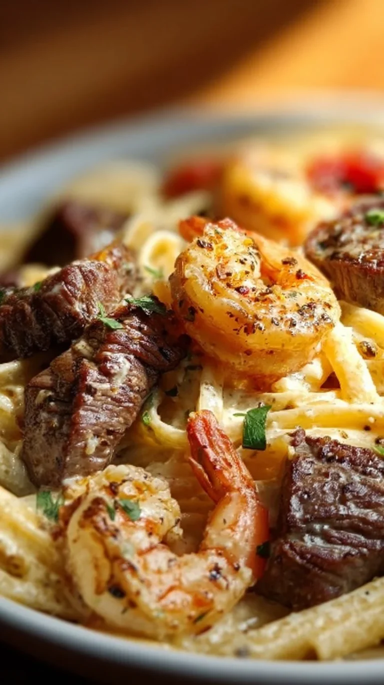 Cajun Shrimp Steak Alfredo Pasta with creamy sauce and garnished herbs