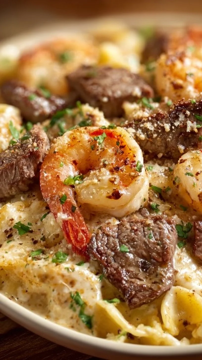Cajun Shrimp and Steak Alfredo Pasta