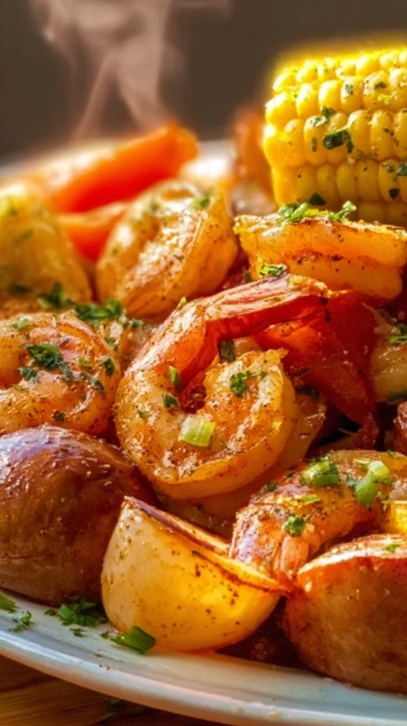 Delicious Cajun Shrimp Boil with spices, shrimp, corn, and potatoes served in a festive setting.