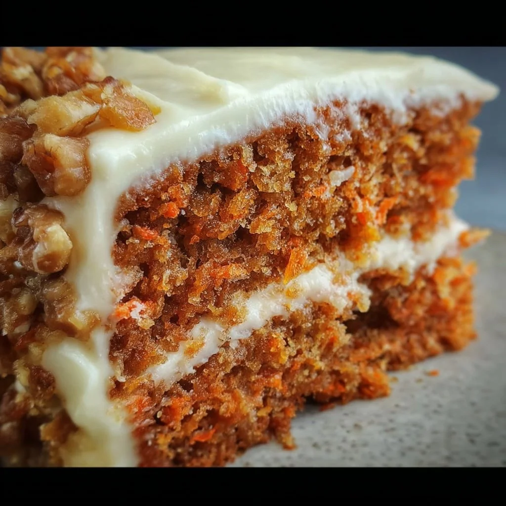 Delicious homemade carrot cake topped with cream cheese frosting and garnished with walnuts.