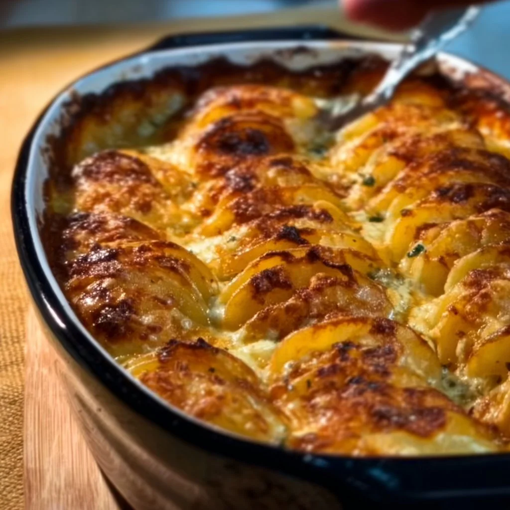 Delicious cheesy scalloped potatoes baked until golden and creamy