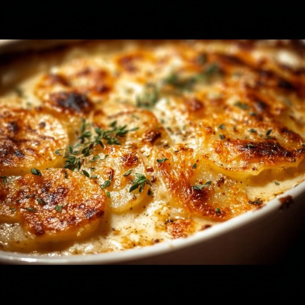 Cheesy scalloped potatoes baked to perfection with creamy cheese sauce.