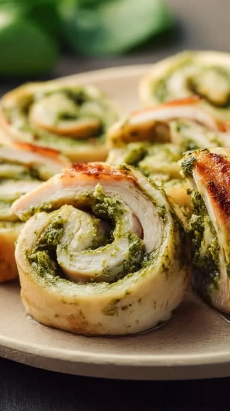 Delicious Chicken and Pesto Pinwheels served on a plate