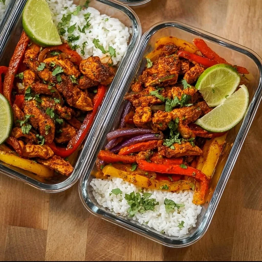 Healthy Chicken Fajita Meal Prep Bowls with grilled chicken and colorful veggies