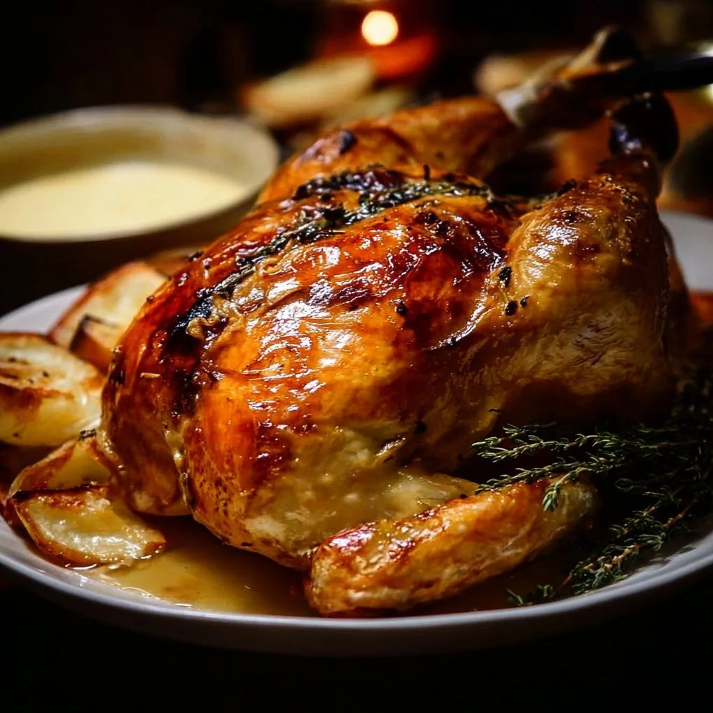 Delicious cider brined roast chicken garnished with fresh herbs on a serving platter.