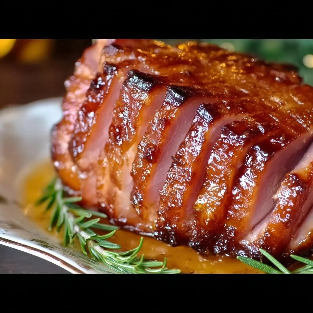 Classic brown sugar ham glaze drizzled over a baked ham