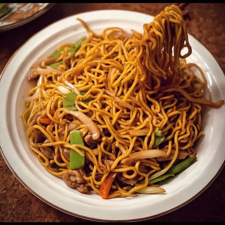 Delicious plate of Classic Chinese Chow Mein with colorful vegetables and noodles