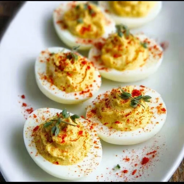 Classic deviled eggs garnished with paprika and fresh herbs